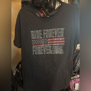 Hot Leathers Ride Forever Blingy Patriotic Tee